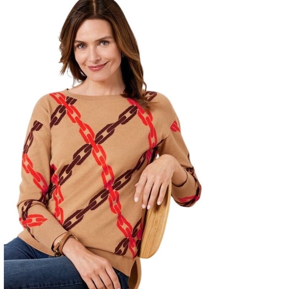 Talbots Boatneck Pullover Jacquard Chains Sweater Brown Tan Orange Large